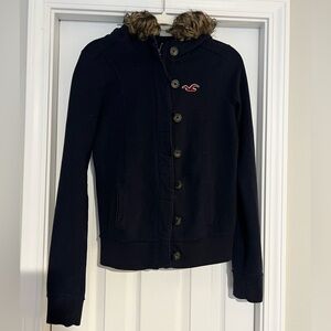 Y2K Hollister Navy Jacket with Faux Fir Trimmed Hood